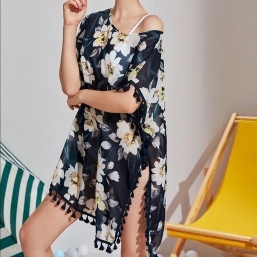 Blue Chiffon Floral Print Tassel Trim Coverup Beach Poolside NEW